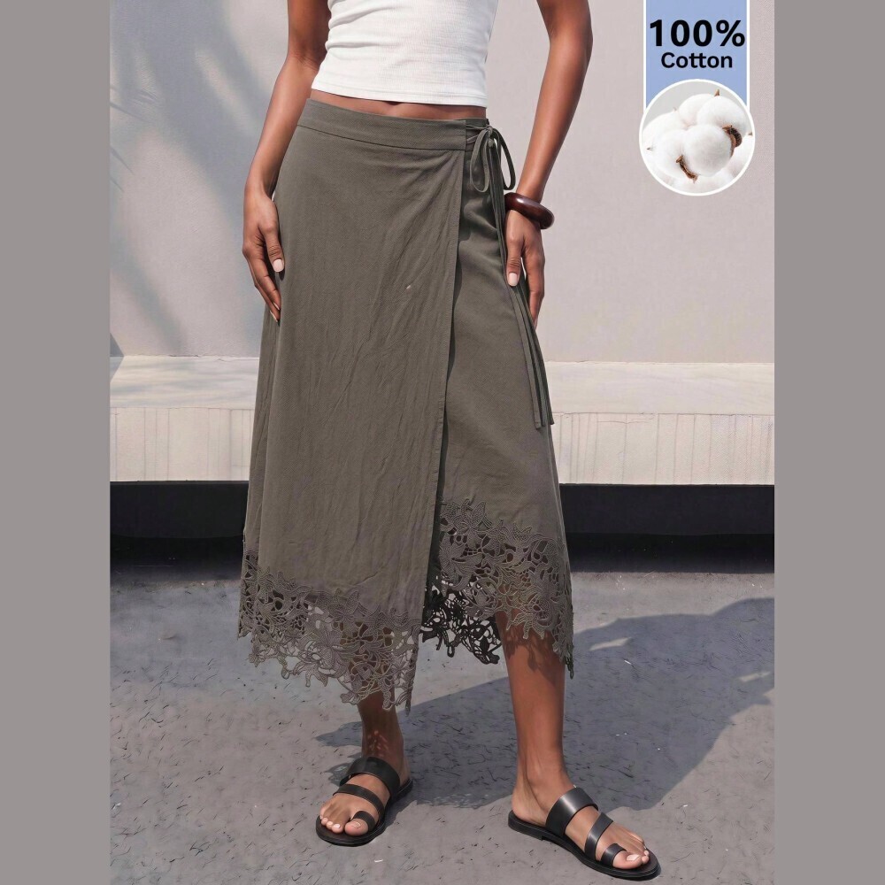 Olive Green Cotton Lace Hem Wrap Tie Waist Midi Skirt